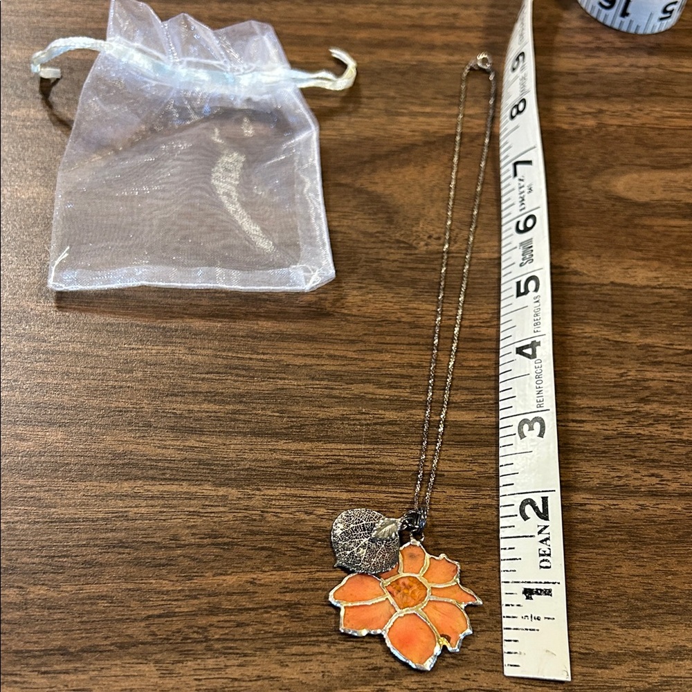 Orange Enamel Flower Pendant Necklace